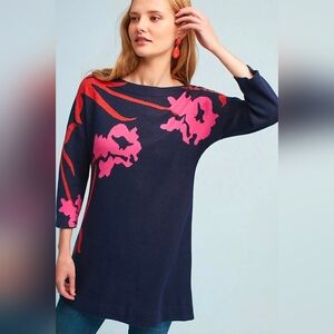Field & Flower x Anthropologie | Megara Navy Floral Tunic Sweater Size Small